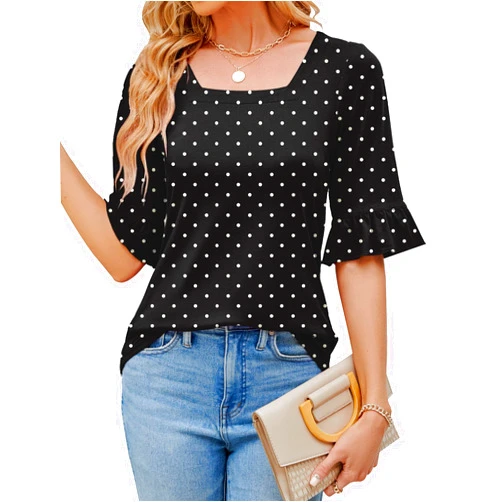Bashafo Womens 3/4 Sleeve Shirts Summer Square Neck Bell Sleeve Tops Business Casual Loose Tunic Work Dressy Blouses