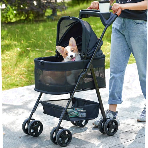 Zoosky 3 in 1 Folding Dog Stroller, Pet Folding Stroller, 4 Wheels Dog/Cat Puppy Stroller w/Removable Travel Carrier for Small/Medium Pet, Waterproof Pad, Car Seat, Sun Shade