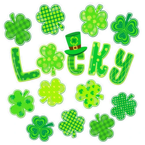 Whaline St. Patrick's Day Shamrock Cut-Outs Lucky Clover Classroom Bulletin Board Decoration Assorted Pattern Green Shamrock Paper Cuouts with Glue Points for Office School Party Favor, 44Pcs