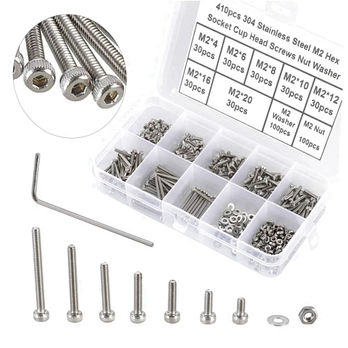 HanTof 410Pcs Tiny Hex Socket Head Cap Screws Bolts, 304 Stainless Steel M2 x 4/6/8/10/12/16/20mm, Micro Allen Head Machine Screws, Nuts and Washers Kit with Hex Wrench, Fully Threaded Pitch: 0.4mm