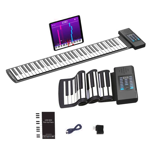 KONIX 61 Key Roll Up Piano,Upgraded Portable Rechargeable Hand Roll Piano with Silicon Flexible Keyboard, MIDI Output, Headphone Connection, 128 Rhythms,Best Gift for Kids and Beginners