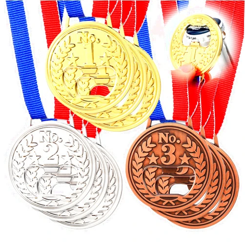 Honeydak Medal Shaped Flat Bottle Opener Winner Award Metal Wine Beer Opener Gold Silver Copper Medal Olympic Trophy Opener with Neck Ribbon for Bar Bartender Men Kitchen Restaurant Party (9 Pieces)