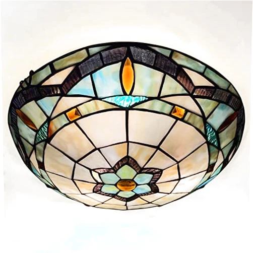 ARTZONE Tiffany Ceiling Lights, Stained Glass Ceiling Light 3-Lights 16 Inch Tiffany Flush Mount Ceiling Light Fixture for Bedroom Dining Living Room Entryway Foyer(Blue)