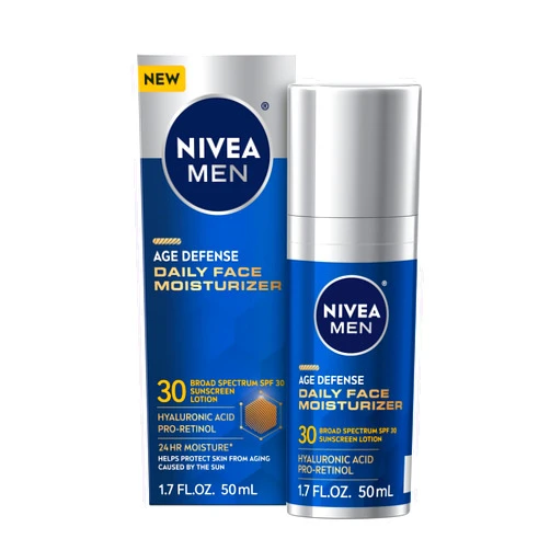 Nivea Men Age Defense Daily Face Moisturizer with Broad Spectrum SPF 30 Sunscreen, Pro-Retinol and Hyaluronic Acid, Beard-Friendly Face Lotion Helps Defend Against UVA/UVB Rays, 1.7 Fl Oz Bottle
