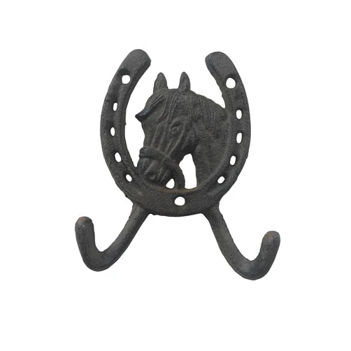 Comfy Hour Antique and Vintage Animal Collection Cast Iron Horse Head Horseshoe Double Key Coat Hooks Wall Hanger Clothes Rack, Heavy Duty Recycled