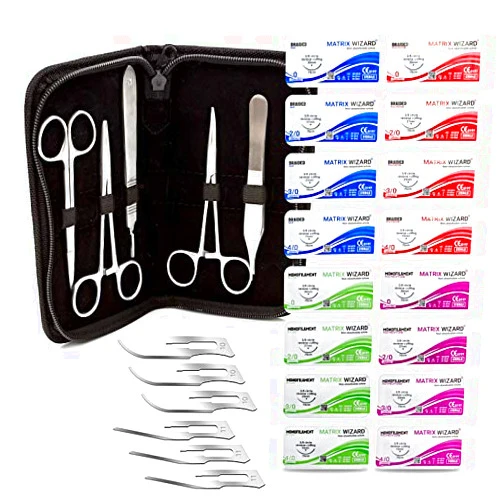Matrix Wizard Sterile Sutures Thread with Needle Plus Tools - First Aid Field Emergency, Trauma Practice Suture Kit; Taxidermy; Medical, Nursing and Vet Students (16 Mixed 0, 2/0, 3/0, 4/0 with 12 Instruments) 28PK