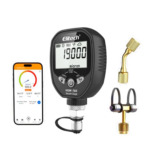 Elitech Full-Range Micron Gauge, Wireless Digital Vacuum Gauge with Adaptor Pressure Tester Meter HVAC, Alarms via APP, Offline Recording, 1/4
