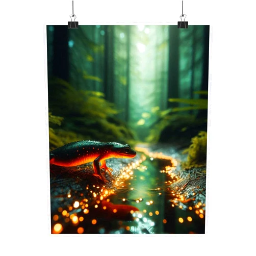 GENERIC Premium Matte Poster of a Newt Walking Across Glowing Puddles on a Deep Forest Trail