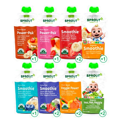 Sprout Organic Baby Food, Stage 4 Toddler Pouches, 9 Flavor Power Pak and Smoothie Sampler, 4 Oz Purees 12 Count (Pack of 1)