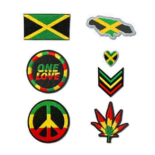 Inking House Set of 7 Jamaica Embroidery Patch Iron on or Sew on Embroidered Motif Transfer Jamaican Flag map Heart Rasta Peace, EMBWALSET5US