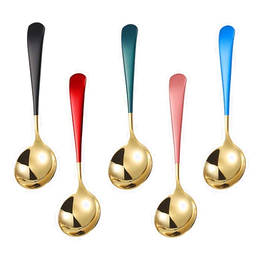 Rinvanic Metal Soup Spoons,Stainless Steel Spoons for Soup Round Colorful Dinner Spoons Thick Short handle Table Spoon 6.3-Inch, Set of 5 (Gold)