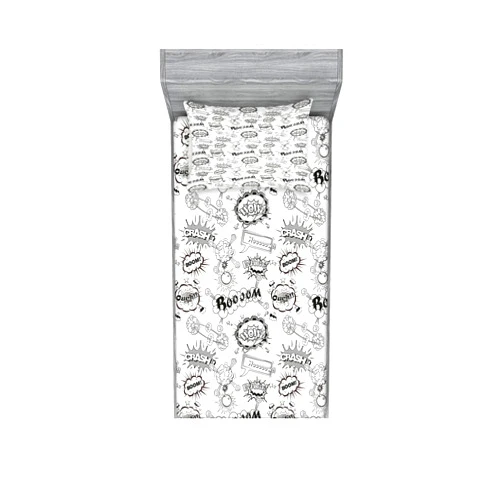 Lunarable Sketch Fitted Sheet & Pillow Sham Set, Pattern Comic Book Doodle Speech Bubbles Sound Effects Cloud Pop Art Humor, Decorative Printed 2 Piece Bedding Decor Set, Twinxl, Black White