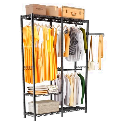 CHARYJOD Heavy Duty Garment Rack Clothing Rack, Metal Garment Rack 3 Tiers Adjustable Wire Freestanding Wardrobe Closet Rack with 2 Hanging Rods and Hook for Hanging Clothes, Black