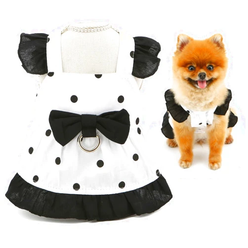 SMALLLEE_LUCKY_STORE Polka Dot Dog Strap Dresses for Small Dog Girls Puppy Harness Dress with D-Ring and Bow Spring Summer Breathable Pet Skirt Chihuahua Yorkie Cat Clothes, Black, L