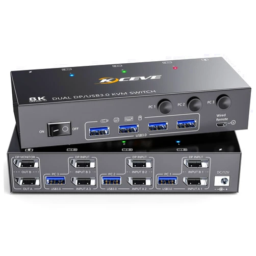 Camgeet 8K Displayport KVM Switch 2 Monitors 3 Computers 8K@60Hz 4K@144Hz,Camgeet Dual Monitor KVM Switch Displayport with 4 USB 3.0 Ports for USB Devices,Wired Remote and 12V Power Adapter Included