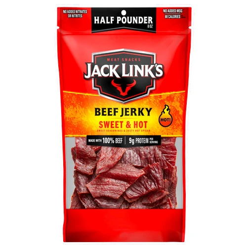 Jack Link's Beef Jerky, Sweet & Hot, Half Pounder Large Jerky Bag – Flavorful Meat Snack, Ready to Eat Protein Snacks with 9g of Protein, Made with 100% Beef, Keto, Paleo & Carnivore Diet Ready