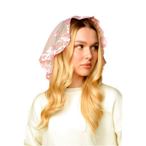Maria Veils Catholic Mantilla Mass Infinity Veil Church Lace Veil Spanish Chapel Mass Head Covering Veil Short (Pink)