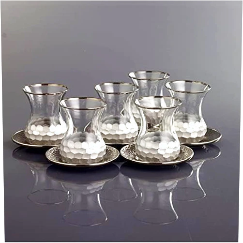 KHOTTAR Turkish Tea Set of 12 pcs, 6 Turkish tea Cups and 6 metal tea cup saucers. Elegant modern tea gift sets, hand cut Silver rimmed and painted leaf inside. Hand Made in Turkey (12, Platinum)