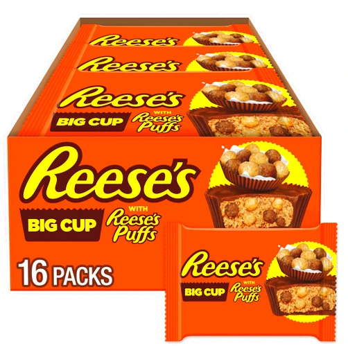 REESE'S STUFFED WITH REESE'S PUFFS CEREAL Big Cup Milk Chocolate Peanut Butter, Gluten Free Cups Candy Packs, 1.2 oz (16 Count)