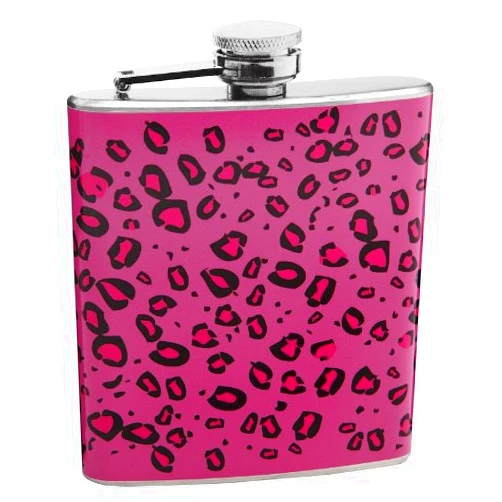 Top Shelf Flasks Premium 6oz Hip Flask - Leopard Print Design - Pocket Size, Stainless Steel, Leak Proof, Screw-On Cap - Pink Wrapped Vinyl Finish Perfect for Engraving