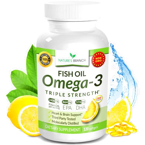Nature's Branch Best Triple Strength Omega 3 Fish Oil Pills 2400mg | 120 Capsules | Burpless High Potency Lemon Flavor | 864mg EPA 576mg DHA Ultra Pure Liquid Softgels | Brain Joints Eyes Hair Heart Health Supplement