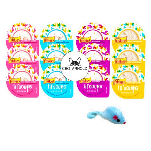 CEO_ARNOLD Lil' Soups Mixup 4 Flavors Wet Cat Food/Treats 1.2 oz (3 of Each) Total of 12 with 1 Mouse.