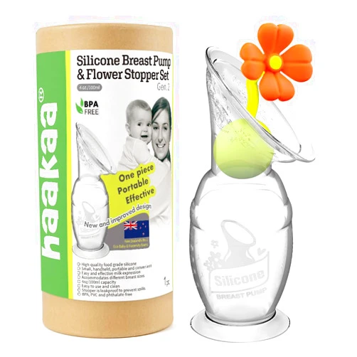 haakaa Manual Breast Pump Hand Pump Milk Pump Breast Milk Collector with Suction Base and Flower Stopper 100% Food Grade Silicone BPA Free (4oz/100ml) (Orange)