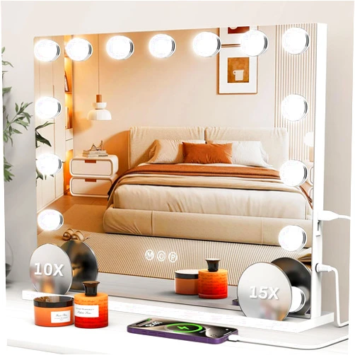 VESAUR Hollywood Vanity Mirror with 10X/15X Magnification and Lights, USB/Type-C Port Makeup Mirror with 15 Dimmable LED Bulbs, 3 Color Modes, Tabletop & Wall Mount for Bedroom, Aluminum（23