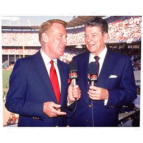 Ronald Reagan 8 Inch x10 Inch Photo Kings Row Knute Rockne All American Bedtime for Bonzo Talking on Microphones w/Vin Scully kn