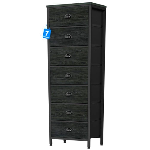 Furnulem Bedroom Dresser, Tall Dressers & Chests of Drawers with 7 Fabric Bins, Black Dresser Organizer in Closet,Dorm,Living Room,Nursery,Hallyway-Storage Tower Unit Sturdy Steel Frame, Black Oak