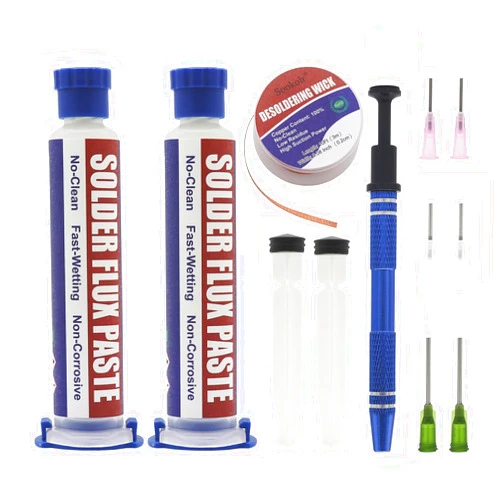 Sookolr No-Clean Flux Paste, Solder Wick & Electronic Small Parts Pickup Kit, Soldering Flux 10cc/Bottle (2PACK), 10Ft Desoldering Wick, IC Pickup Tool (1 stick)