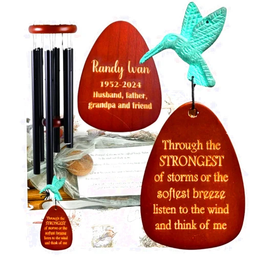 Weathered Raindrop Memorial Wind Chimes Hummingbirds for Gift Giving Outdoor Garden Through the Strongest of Storms Large Deep tone Sympathy Black Chimes Remembering a Loved One Decor-Outside Gifts Patina Color