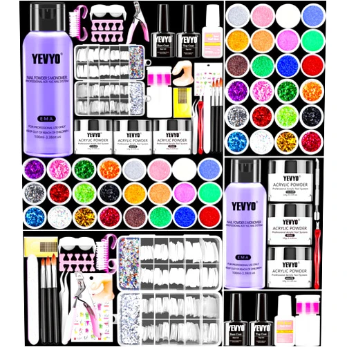 YEVYO Acrylic Nail Kit, Nail Kit for Beginners with Everything, 24 Colors Glitter Acrylic Powder and Liquid Monomer Set, 200 Pcs Nail Tips, 3 Pcs Acrylic Nail Brush for Home DIY Extension Nail Salon