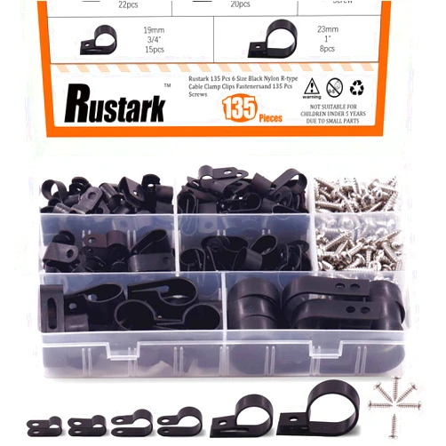 Rustark 135 Pcs 6 Size Black Nylon R-Type Cable Clamp Clips Fasteners Assortment kit with Mounting Screw and 135 Pcs Screws Organizer Cord Clips for Wire Management