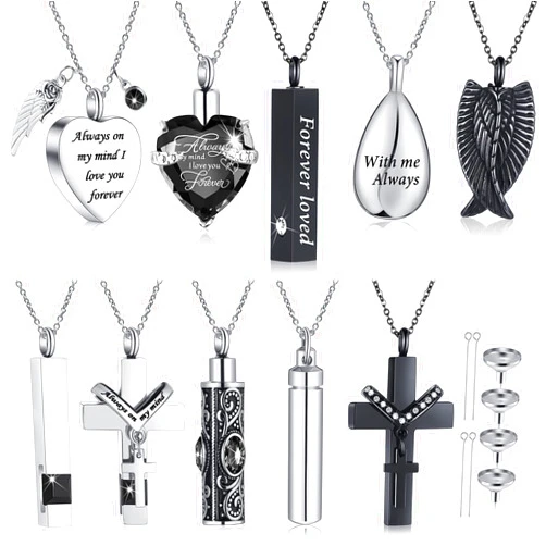 Jexine 10 Pcs Urn Necklace For Ashes Cremation Jewelry Wings Tear Drop Cross Crystal Ashes Necklace Stainless Steel Zircon Memorial Locket Vertical Bar Heart Waterproof Keepsake For Men