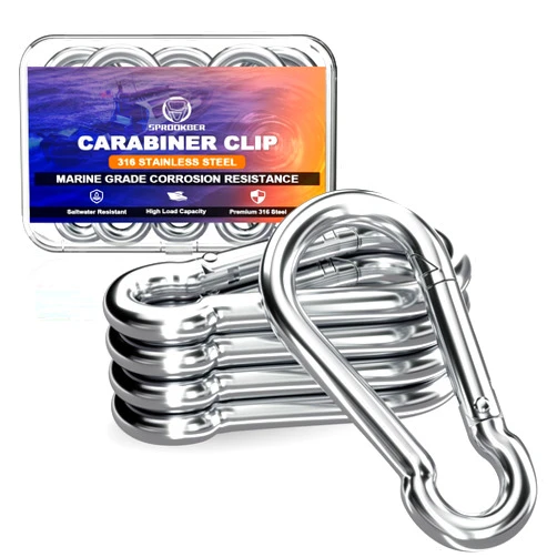 sprookber 316 Stainless Steel Carabiner Clip, Marine Grade Heavy Duty Spring Snap Hook for Outdoor, Boat, Hammock, Set of 5