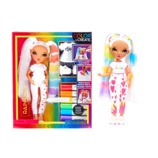Rainbow High Color & Create Fashion DIY Doll with Green Eyes, Straight Hair in 2 Pig Tails, Bonus Top & Shoes, Washable Rainbow Markers. Color, Create, Play, Rinse and Repeat. Creative 4-12+