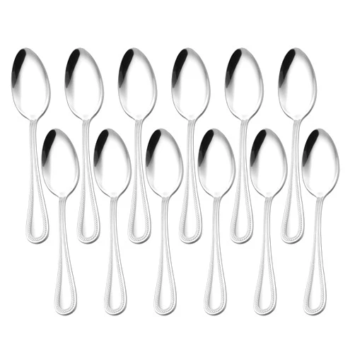 E-far Stainless Steel Teaspoons Set of 12, 6.7 Inch Pearled Edge Small Dessert Tea Spoons Silverware for Home, Kitchen and Restaurant, Non-toxic, Mirror Polished, Dishwasher Safe