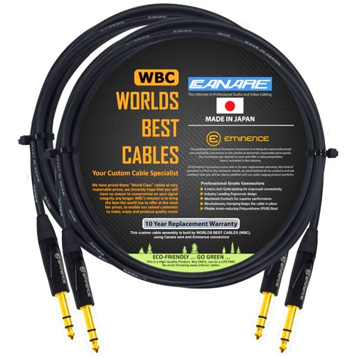 WORLDS BEST CABLES 2 Units - 5 Foot - Canare L-4E6S, Star Quad Balanced TRS Patch Cable with Eminence Gold E502 TRS Stereo Plugs - Custom Made