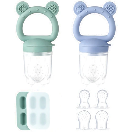 POIKSHARK 2 Pack Silicone Baby Fruit Feeder with Mini Freezer Tray, Breastmilk Popsicle Molds for Baby Teething Relief, Fresh Food Feeder for Safe Infant Self Feeding, Extra Food Pouches