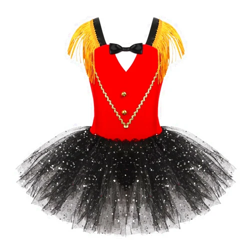 Yihuimin Kids Ringmaster Dance Costume Girls Tassel Sleeve Bodice Leotard Tutu Dress with Majorette Hat