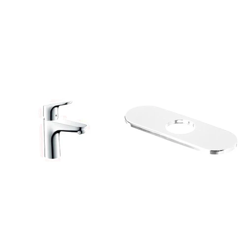 hansgrohe Focus Modern Upgrade Easy Clean 1-Handle 1 7-inch Tall Bathroom Sink Faucet in Chrome, 04371000 and hansgrohe Base Plate for Contemporary Single-Hole Faucets, 6
