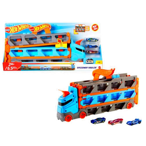 Hot Wheels - Speedway Hauler Storage Carrier with 3 1:64 Scale Cars & Convertible 6-Foot Drag Race Track for Kids 4 to 8 years Old, Stores 20+ Cars & Connects to Other Playsets, HGH33