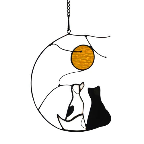 HAOSUM Dog and Cat Friendship Decor Stained Glass Window Hanging,Pet Memorial Gifts Suncatcher for Window,Black Cat Themed Gifts for Cats Lovers,Dog Lovers Giftss for Women