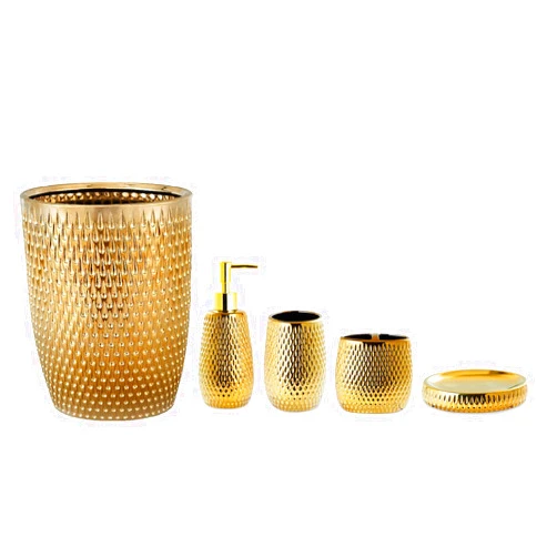 BASDHE Bathroom Accessories Set 5 Piece Bath Ensemble Includes Trash Can,Toothbrush Holder,Toothbrush Cup,Soap Dispenser,Soap Dish for Decorative Countertop and Housewarming Gift, Yellow
