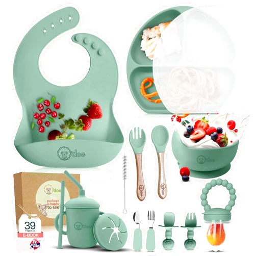 O'doe 17-Piece BPA-Free Silicone Baby Feeding Set | Thick & Soft Suction Plates, Baby Bowls, Wooden Fork & Spoon, and More | Make Mealtime Fun and Easy for Your Little One (Green, V2)