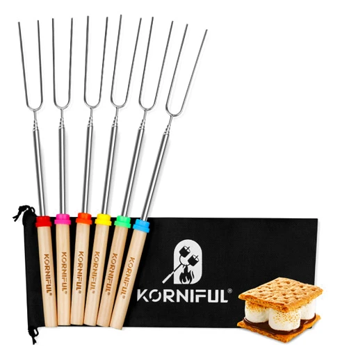KORNIFUL Smores Sticks for Fire Pit,Extra Long 32 Inch Marshmallow Roasting Sticks for Campfire,Hot Dog Sticks Retractable Stainless Steel Smores kit for Campfire,Skewers for Smores Campfire Accessories 6pack