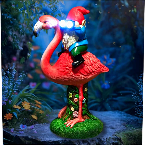 ArtTerpnica Solar Flamingo Gnome Garden Decor Statue, Outdoor Funny Solar Light Decoration for Yard, Patio, Lawn, Unique Housewarming, Birthday Gift for Women, Mom, Grandma