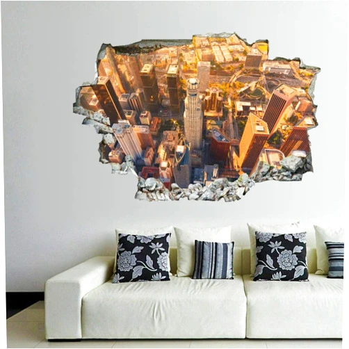 HIGOSS 3D Self-adesive Removable Break Through The Wall Vinyl Wall Stickers/Murals Art Decals Stickers Aerial View of Downtown at Sunset 24 x 16 Inch Wall Decor for Kids, Made in USA