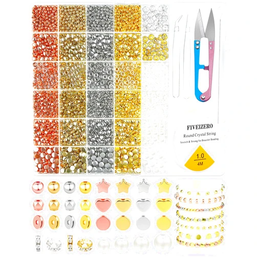 FIVEIZERO 2355PCS Gold Spacer Beads Set, 6 Shapes 4 Colors Gold Beads for Bracelets, Spacer Beads for Jewelry Making & DIY Crafts with Pearl Beads, Beading Needles, Tweezers, Scissors, Elastic Cord